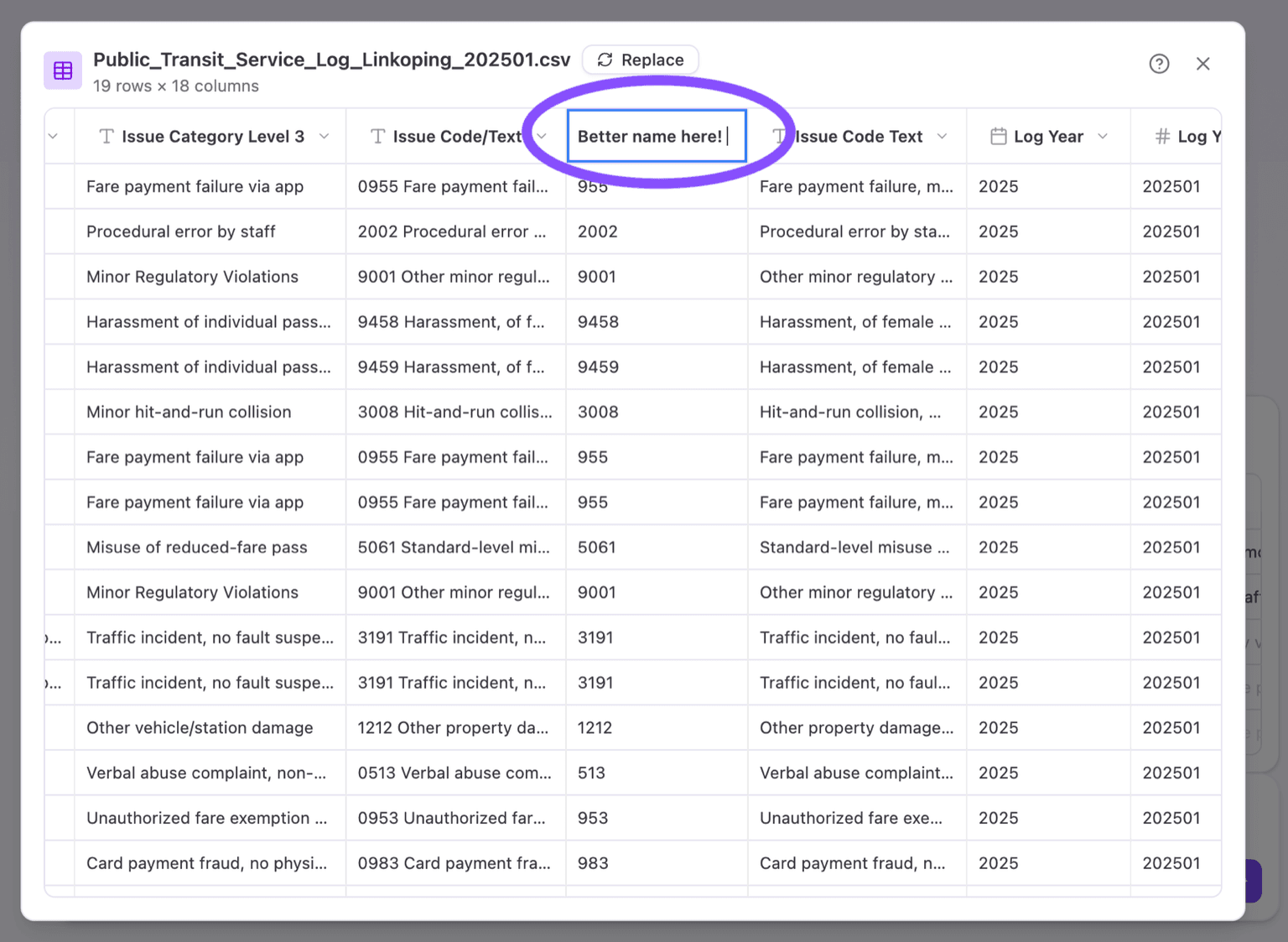 Renaming a column header directly in the data table