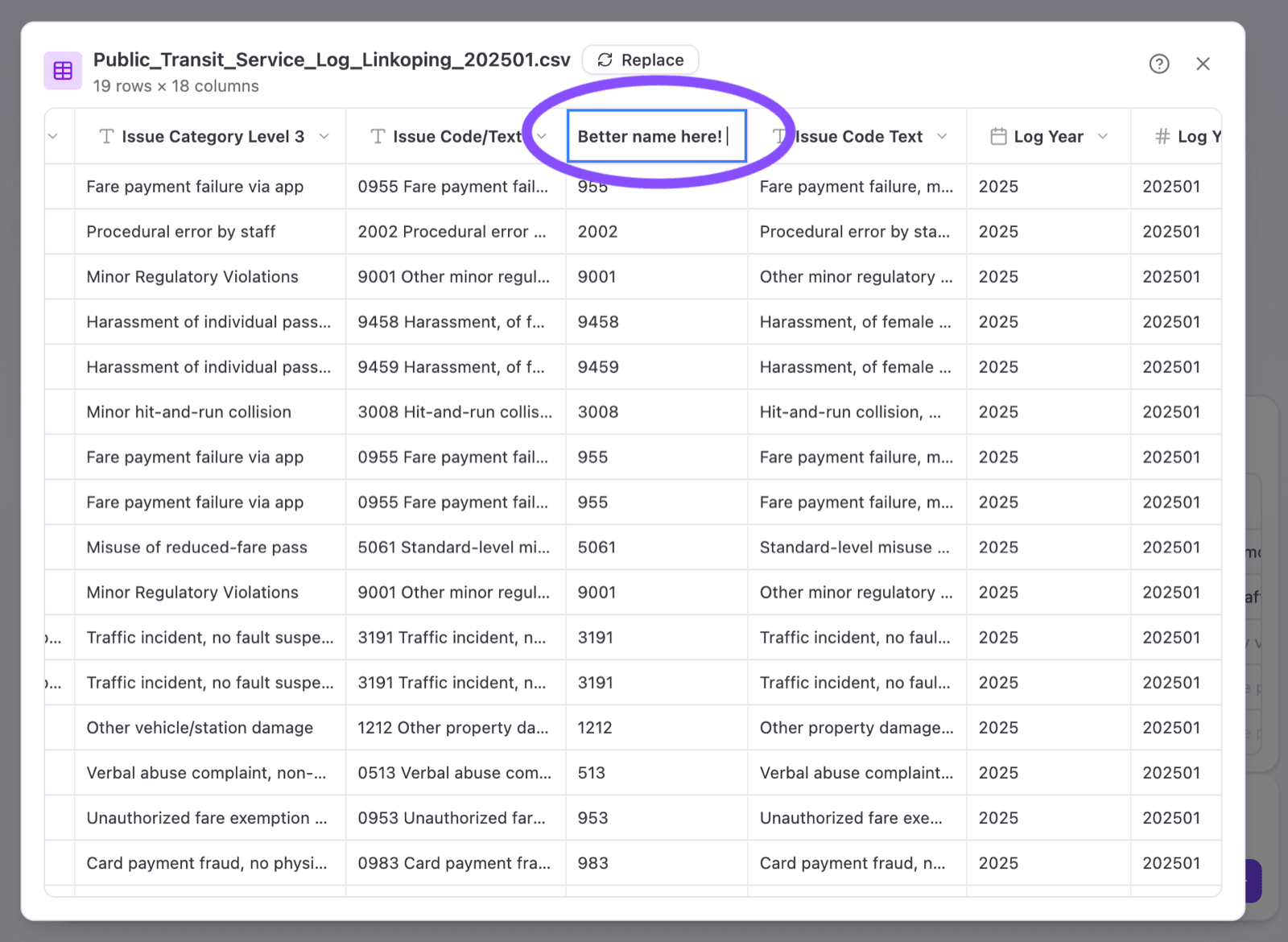 Renaming a column header directly in the data table