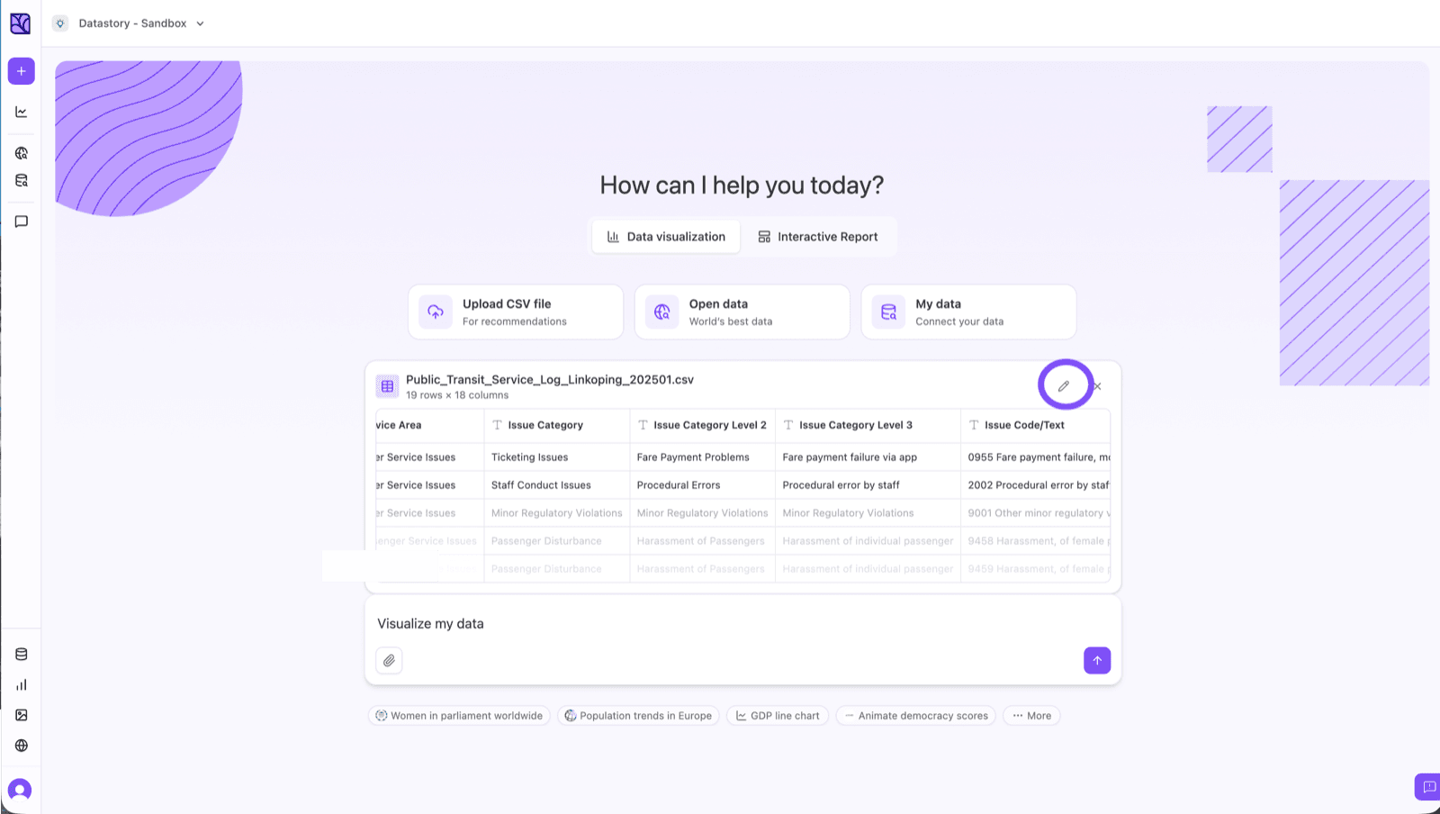 An uploaded dataset opened in the Datastory data table