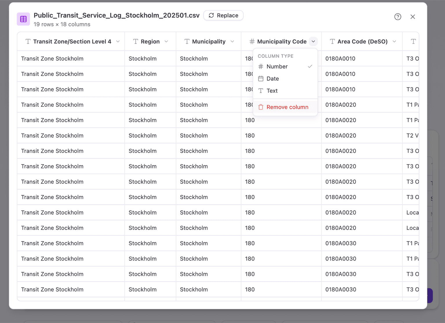 The column dropdown showing the Remove column action