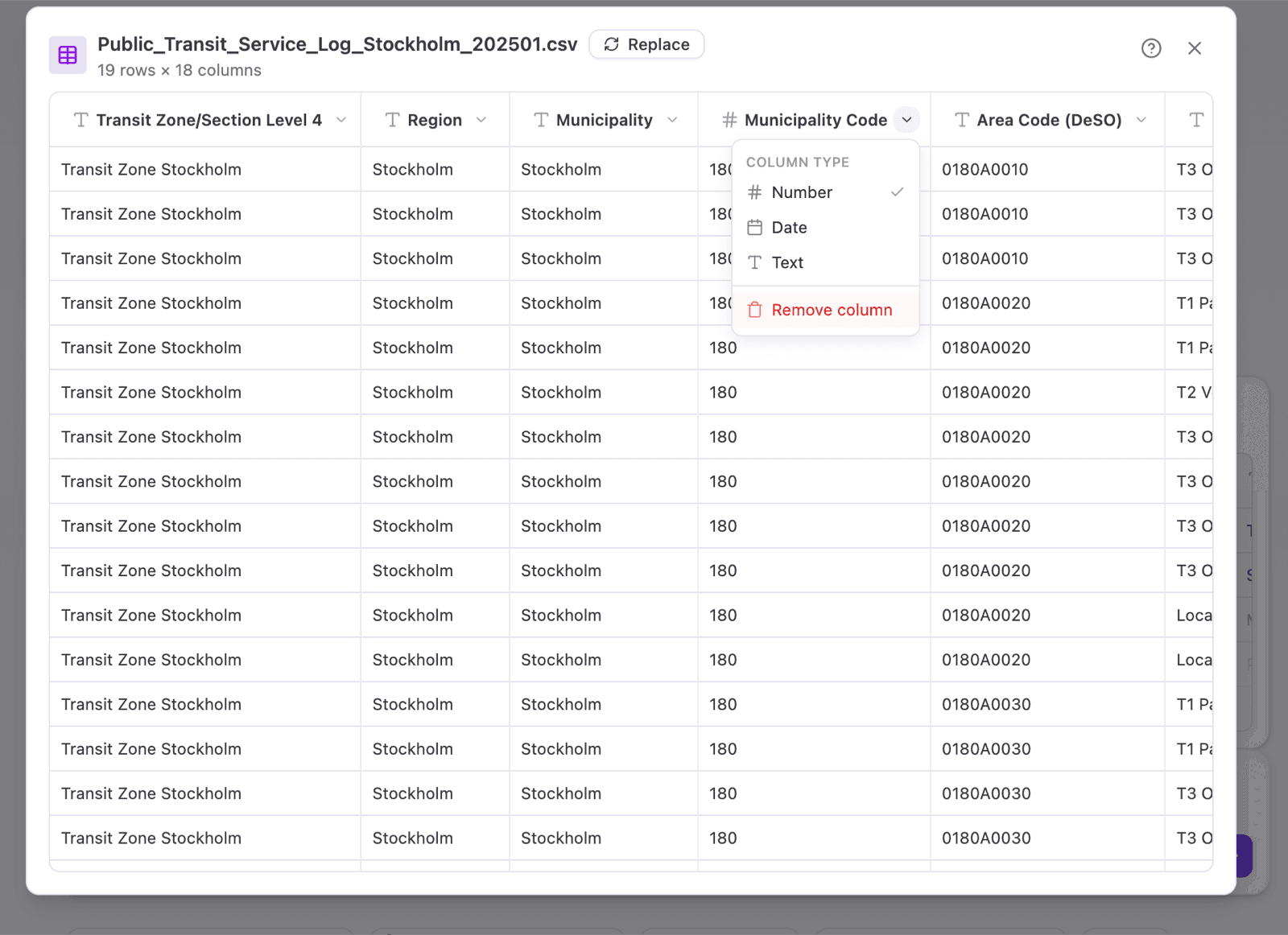The column dropdown showing the Remove column action