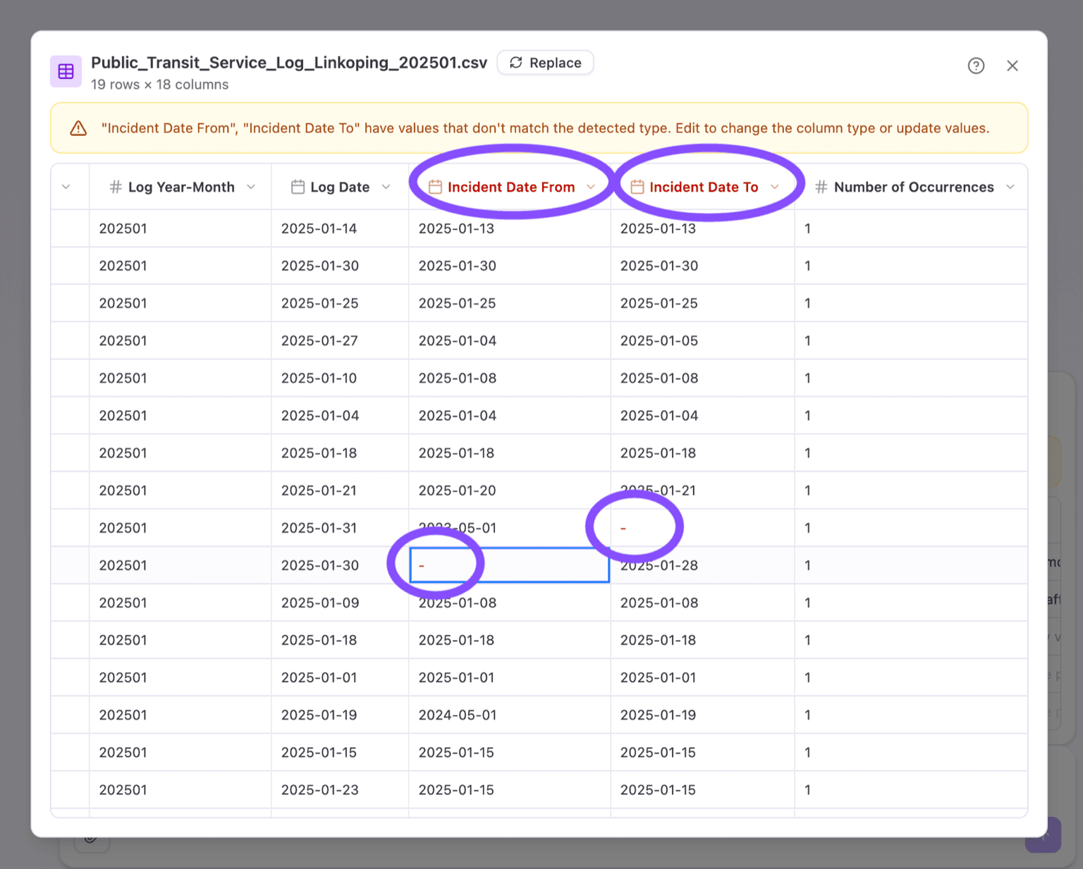 A warning highlighting values that don't match the column's type
